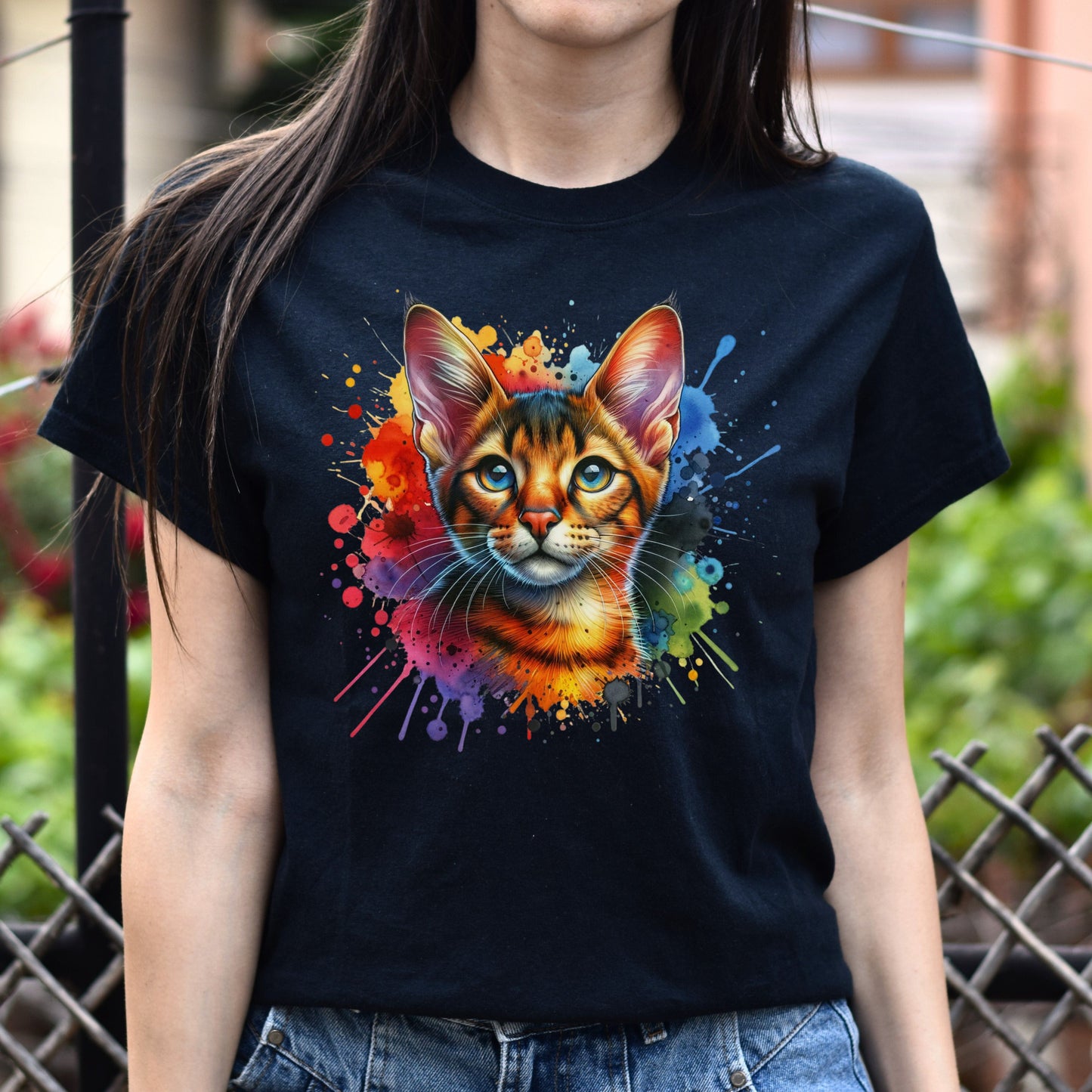 Chausie Cat Color Splash Unisex T-Shirt Black Navy Dark Heather-Family-Gift-Planet