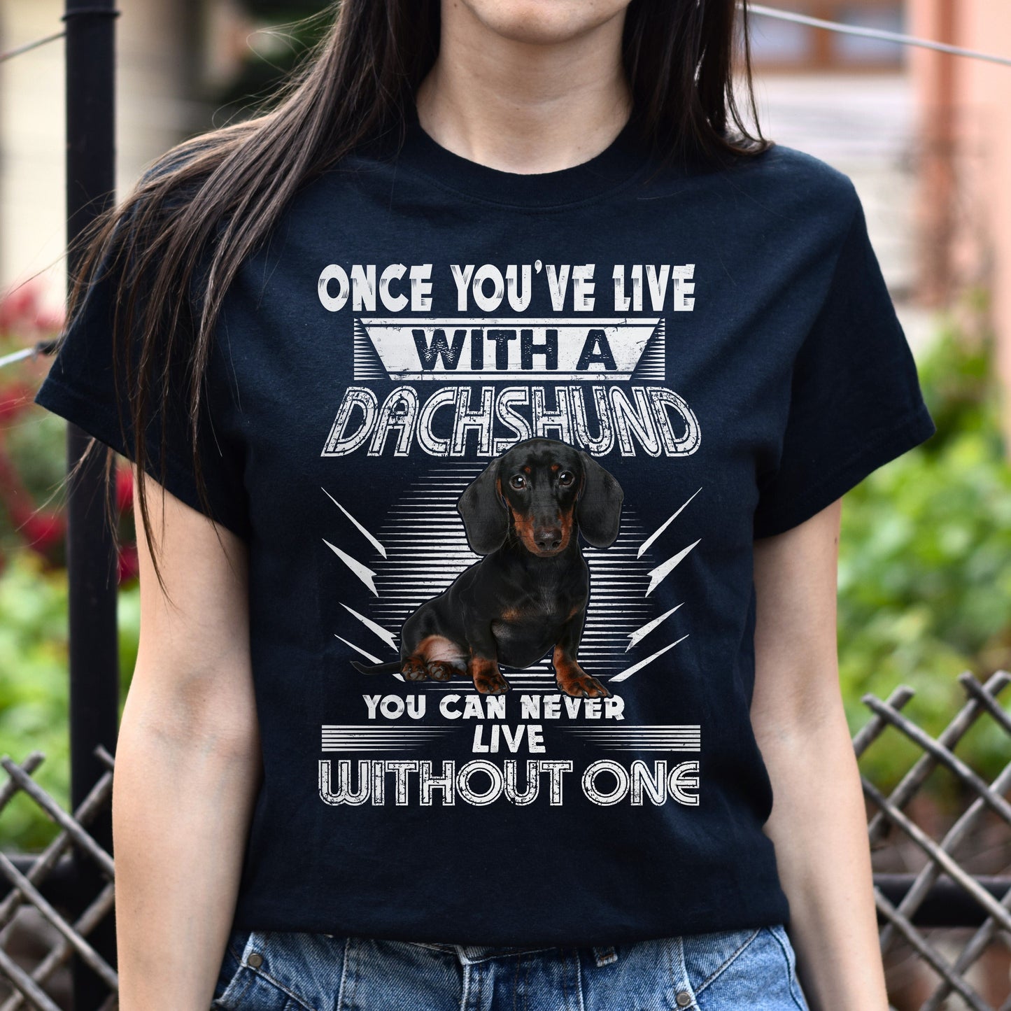 Live with a dachshund Unisex t-shirt gift Dachshund owner tee black navy dark heather-Family-Gift-Planet