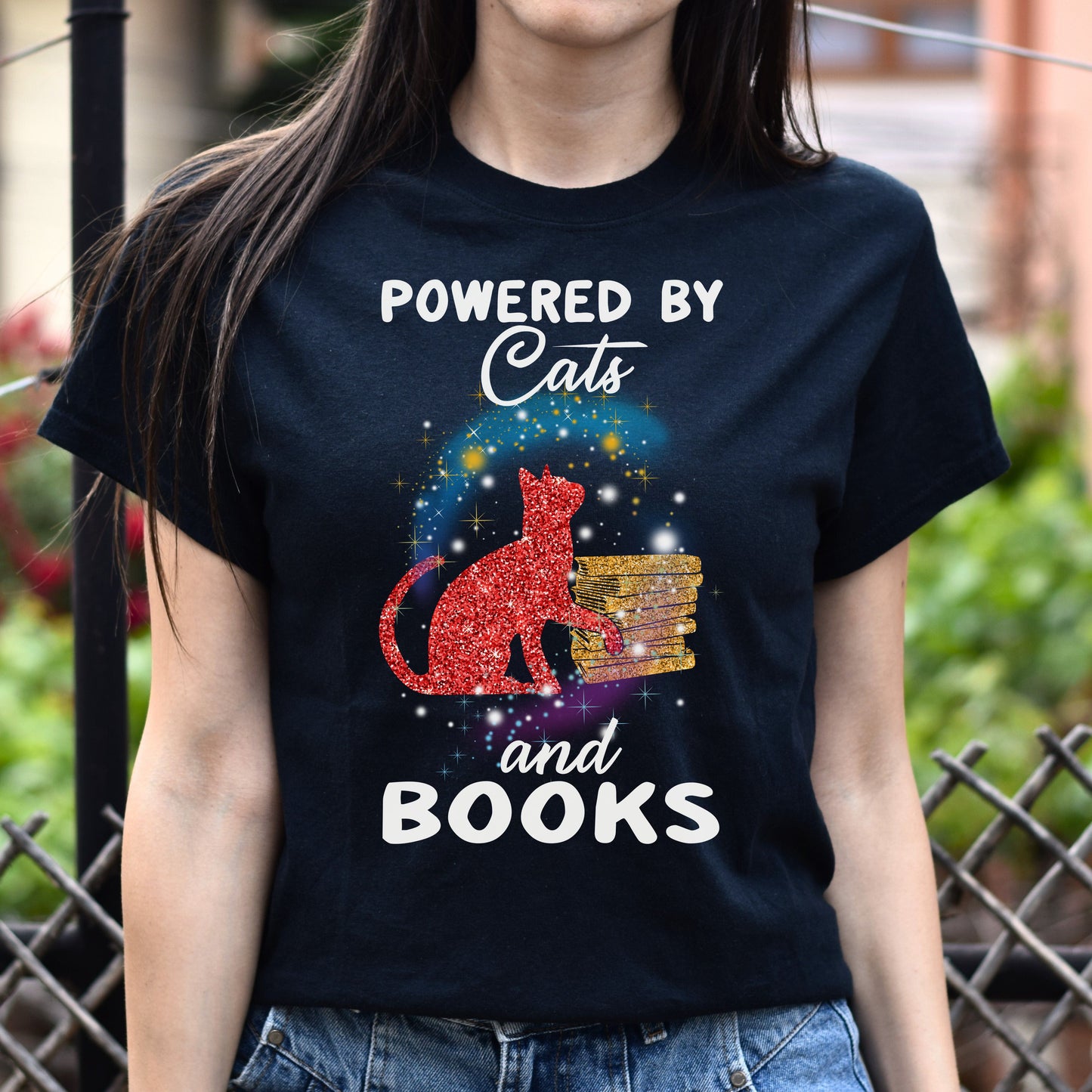 Powered by cats and books Unisex shirt Black Dark Heather-Family-Gift-Planet
