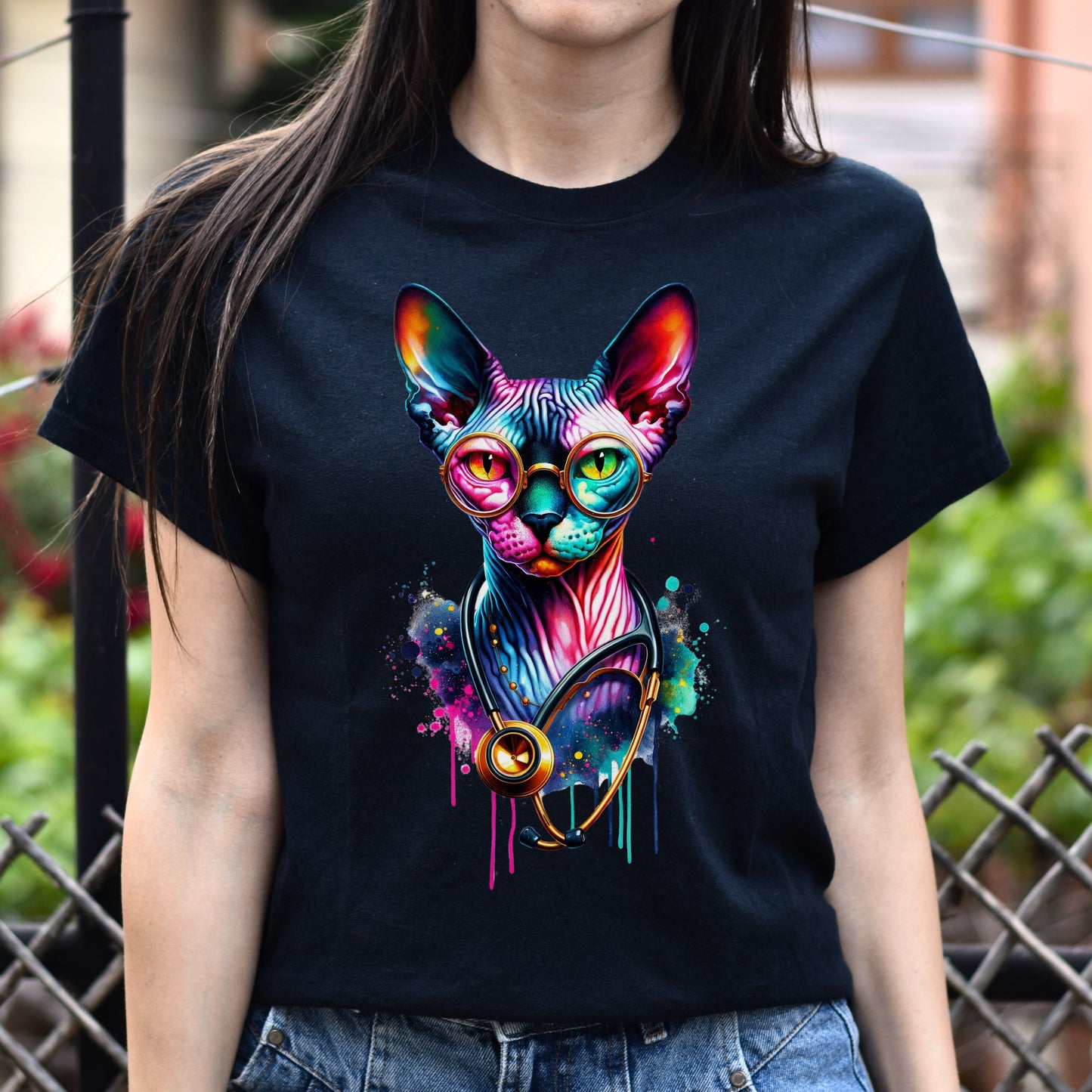 Sphynx cat nurse doctor Color Splash Unisex T-shirt Black Navy Dark Heather-Family-Gift-Planet