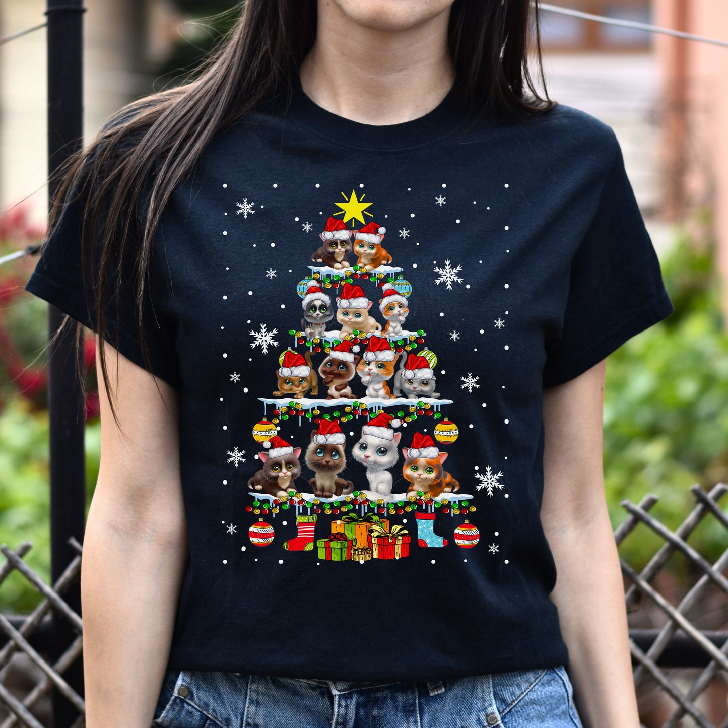Cat Christmas tree Unisex shirt cat Holiday tee Black Dark Heather-Family-Gift-Planet