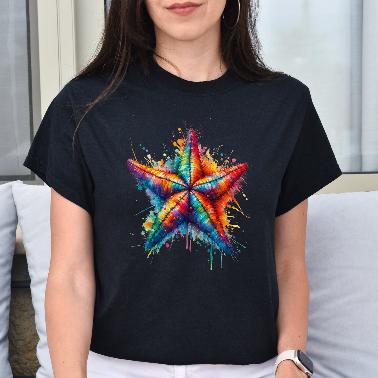 Artistic Sea Star Color Splash Unisex T-shirt Black Navy Dark Heather-Family-Gift-Planet