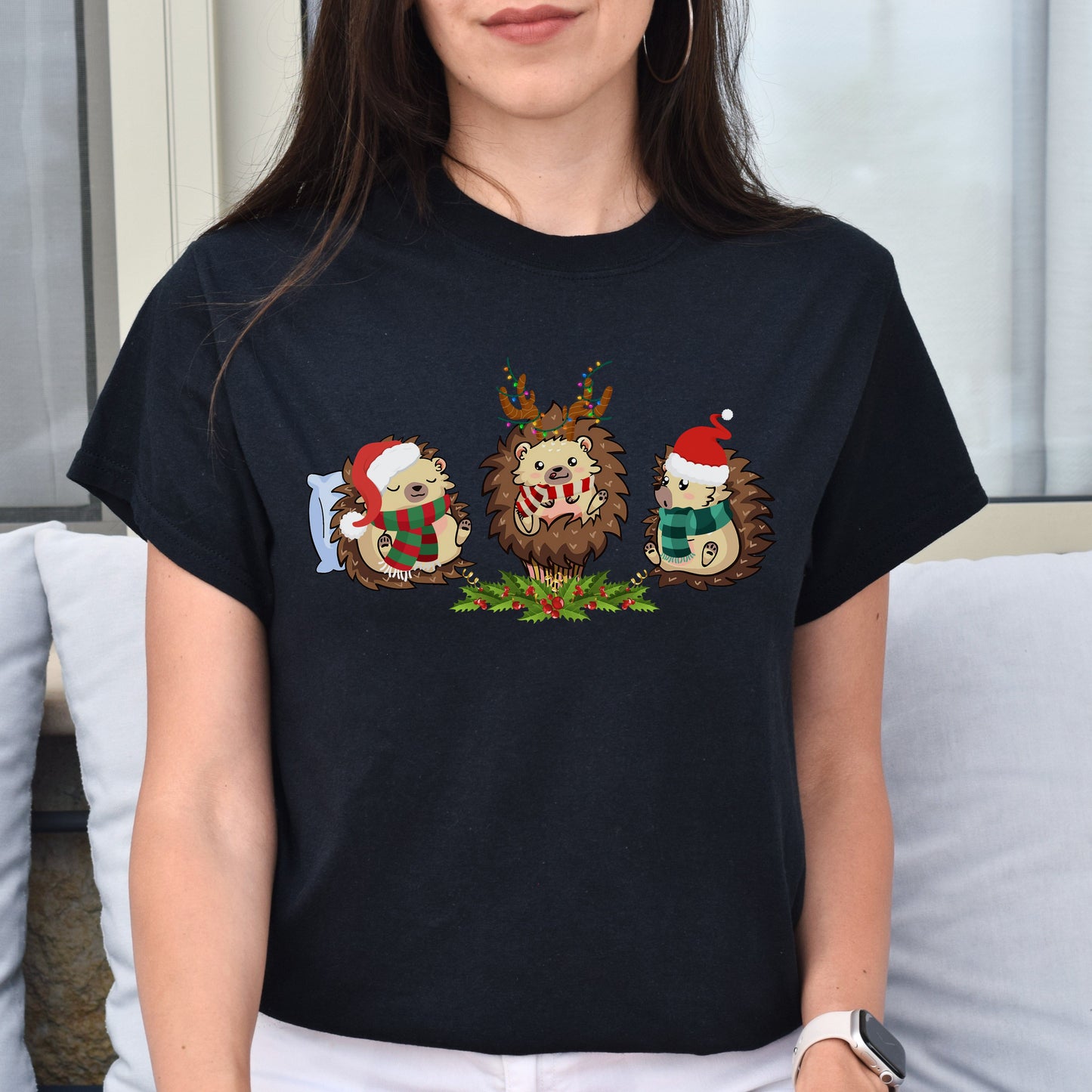 Hedgehogs Christmas Unisex shirt hedgehog lover Holiday tee Black Dark Heather-Black-Family-Gift-Planet