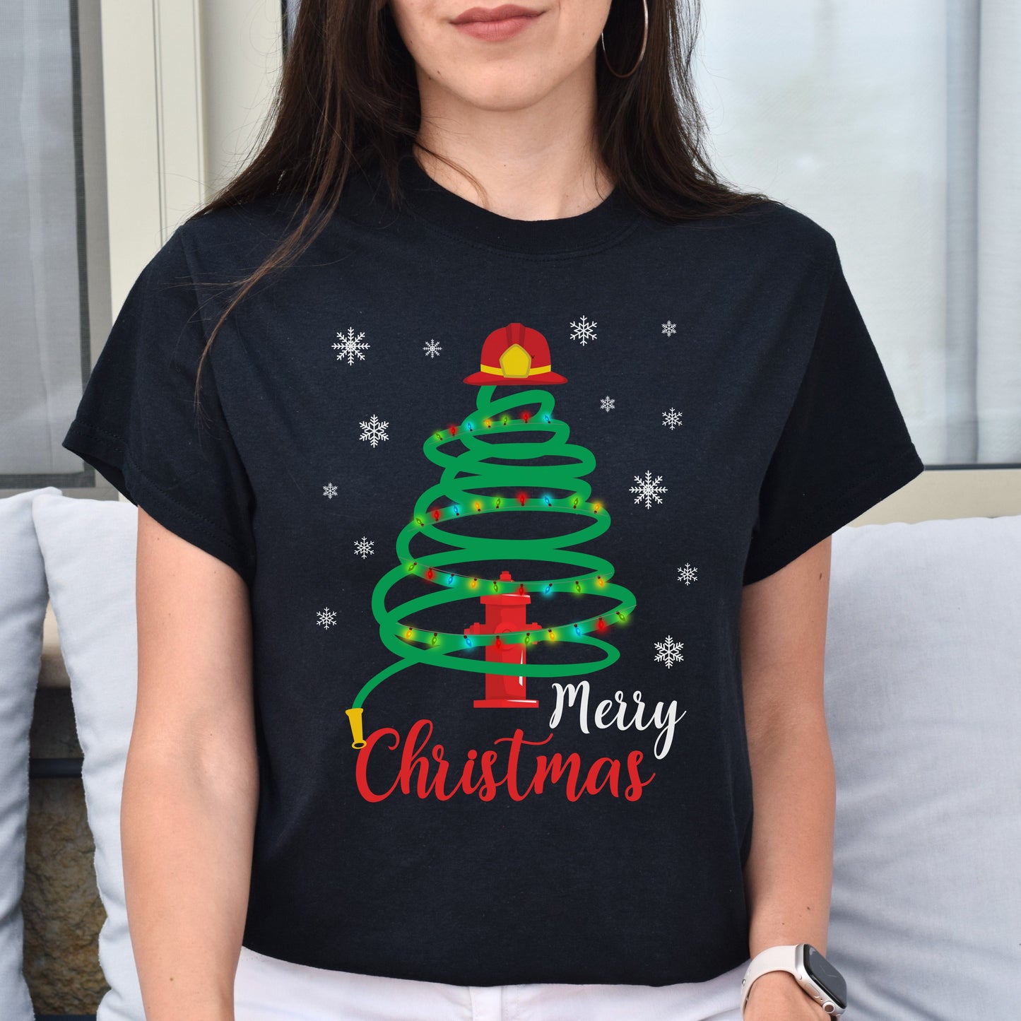 Firefighter Christmas tree Unisex shirt firefighter Holiday tee Black Dark Heather-Black-Family-Gift-Planet