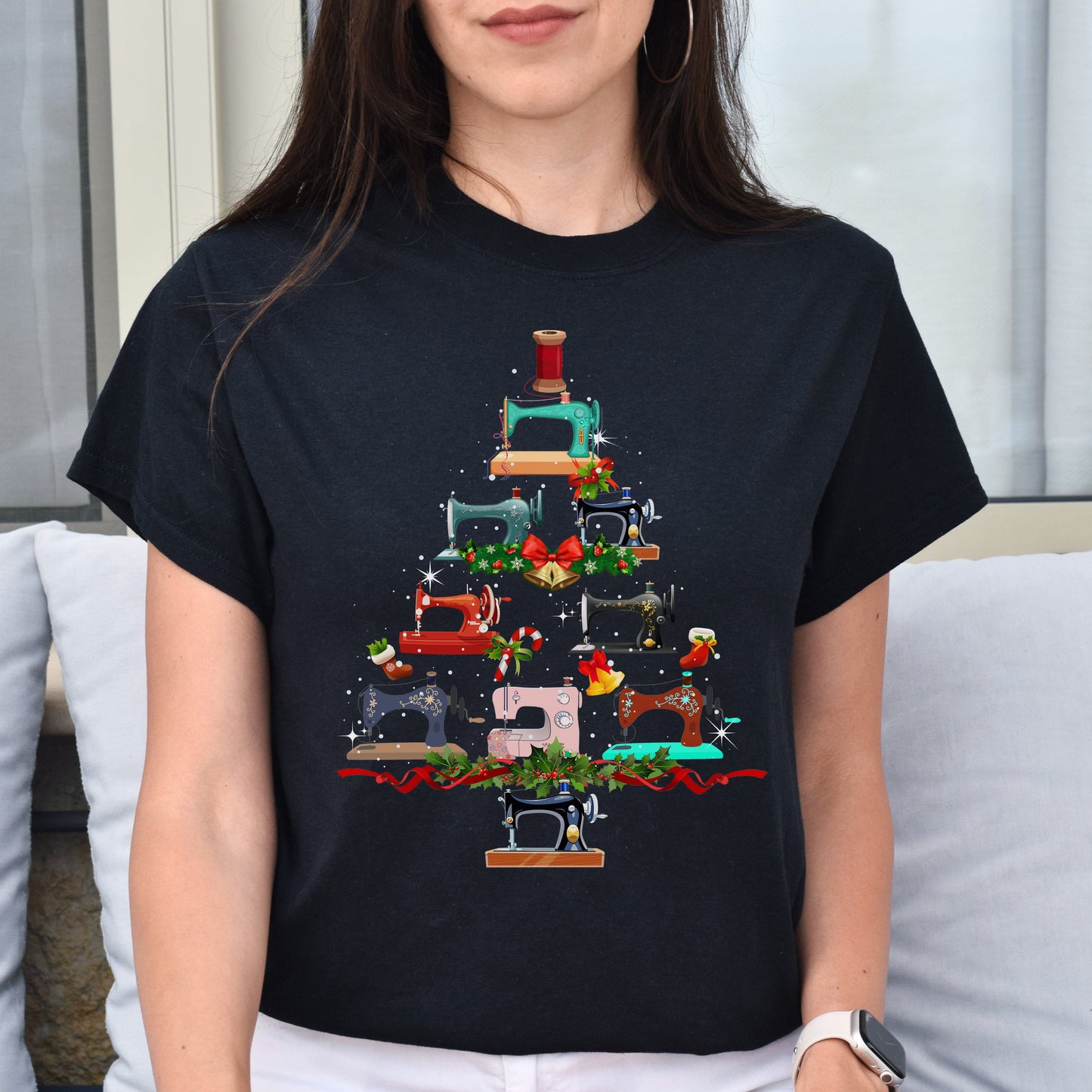 Seamstress Holiday Unisex Shirt Sew machines Christmas tree tee Black Dark Heather-Black-Family-Gift-Planet