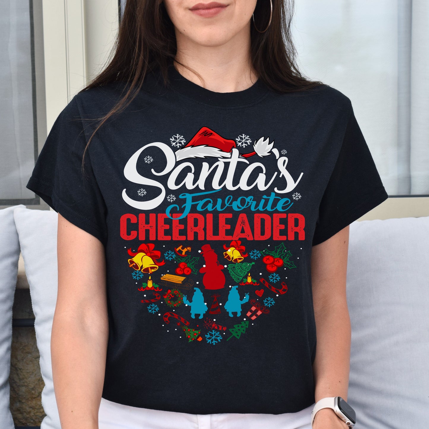 Santa's favorite cheerleader Unisex shirt cheer coach Holiday tee Black Dark Heather-Black-Family-Gift-Planet