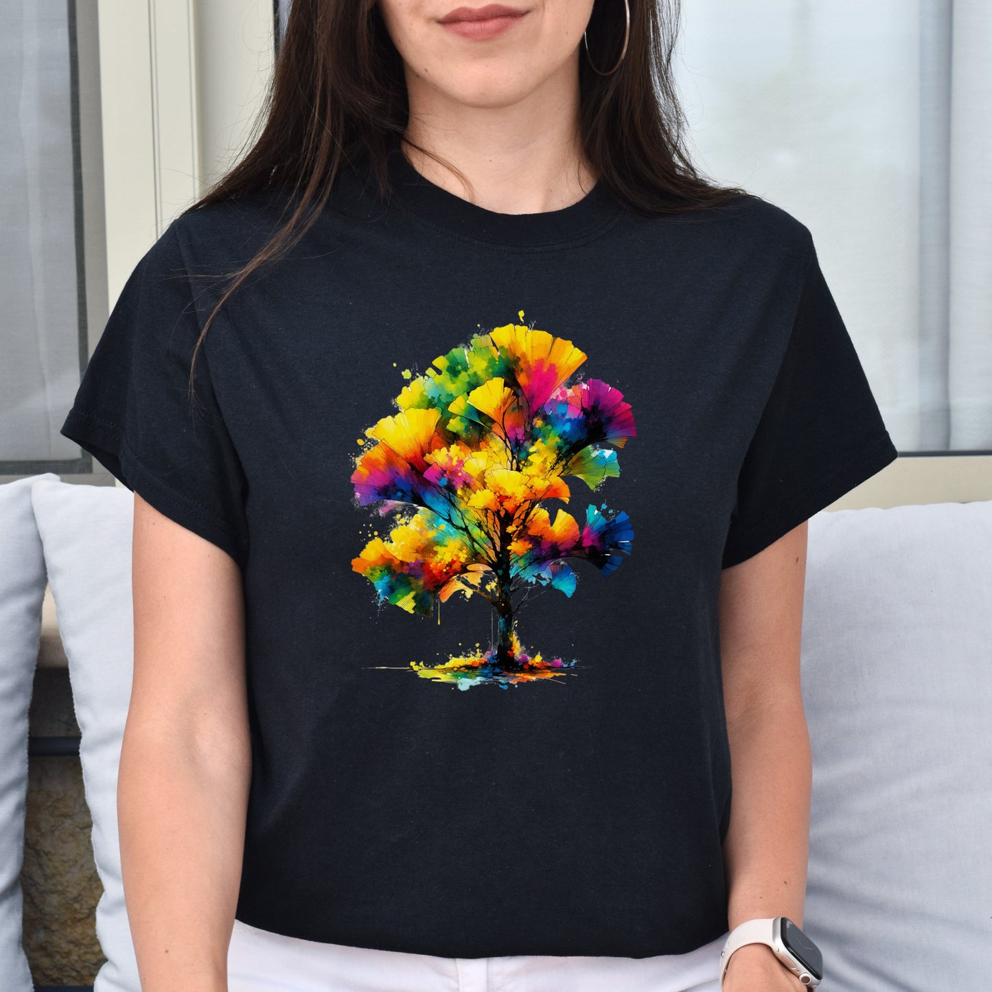 Abstract Ginkgo Tree Color Splash Unisex T-shirt Black Navy Dark Heather-Family-Gift-Planet