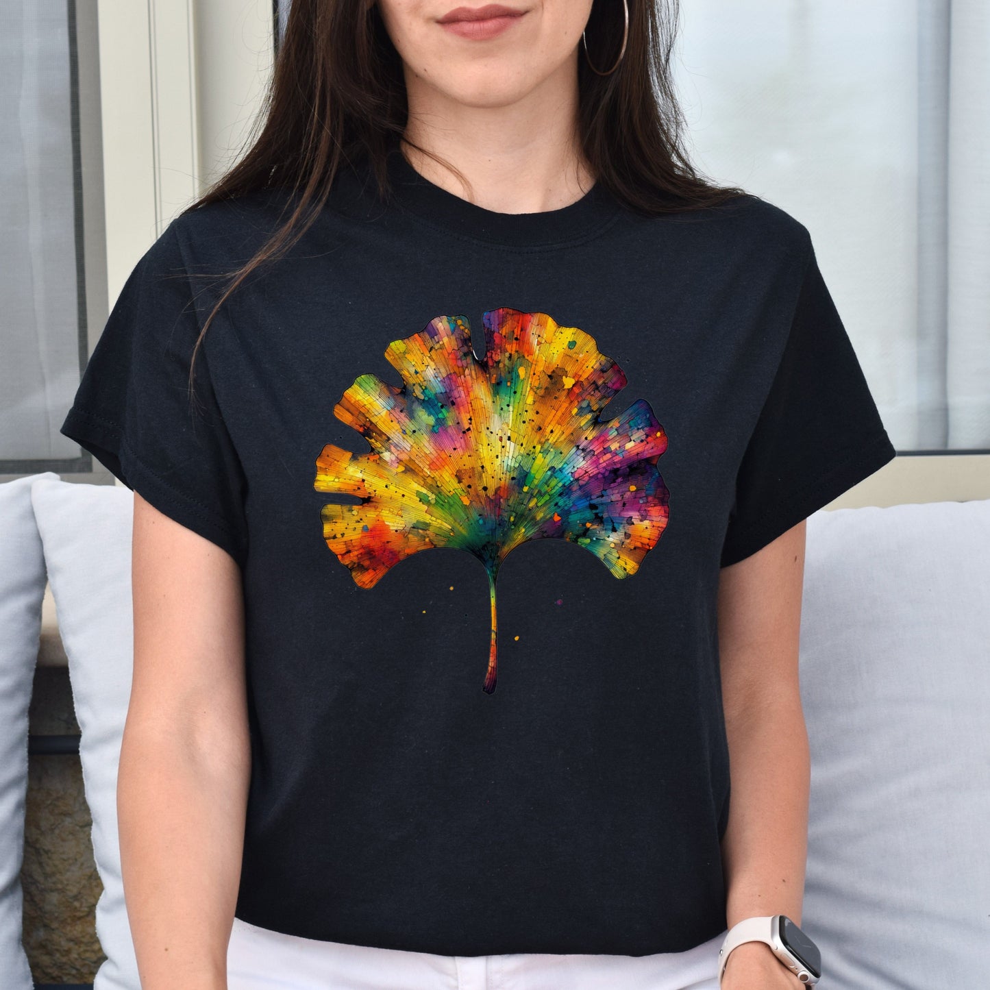 Cool Ginkgo Leaf Color Splash Unisex T-shirt Black Navy Dark Heather-Black-Family-Gift-Planet