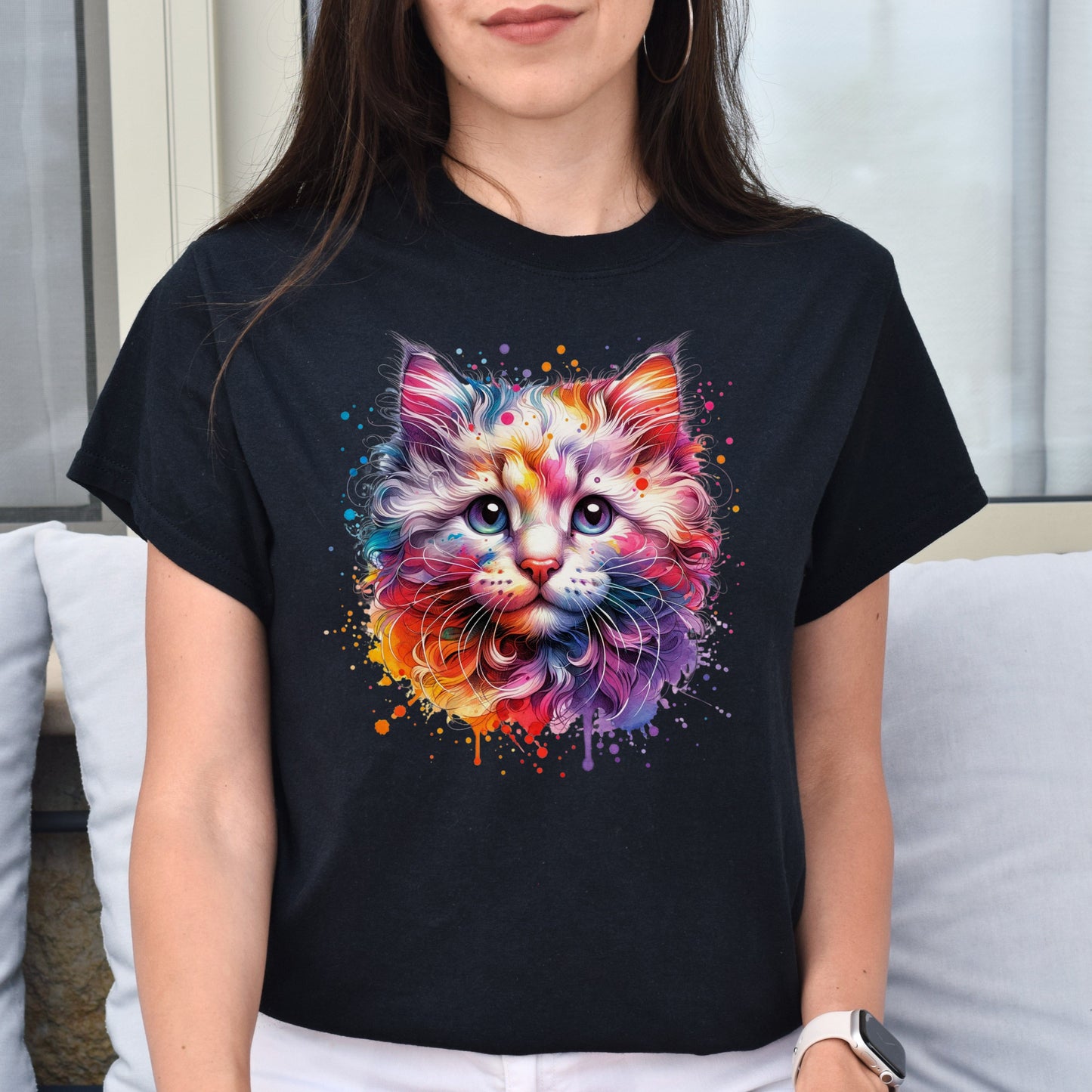 American Curl Cat Color Splash Unisex T-Shirt Black Navy Dark Heather-Family-Gift-Planet