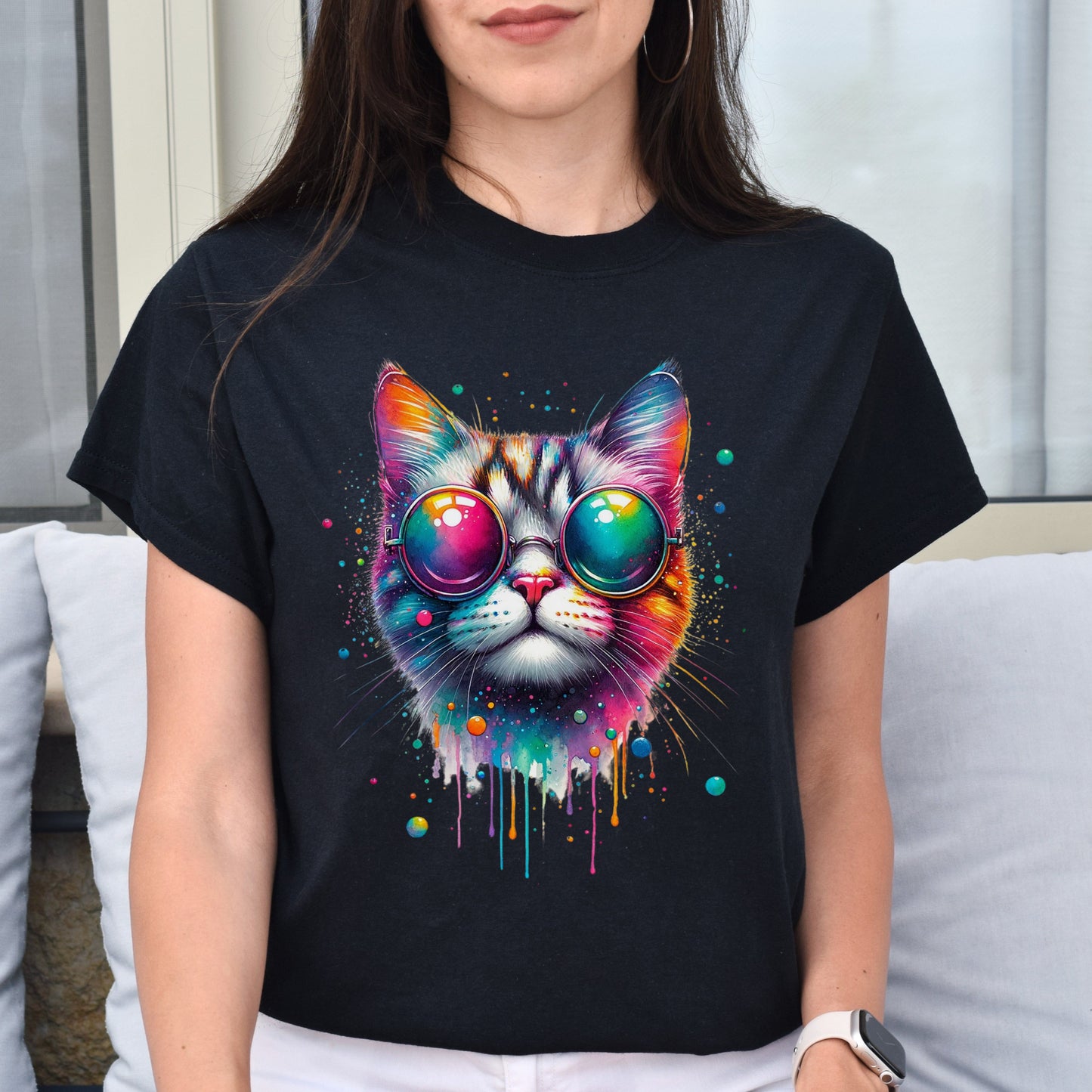 Cat with colorful eyeglasses Color Splash Unisex T-shirt Black Navy Dark Heather-Family-Gift-Planet