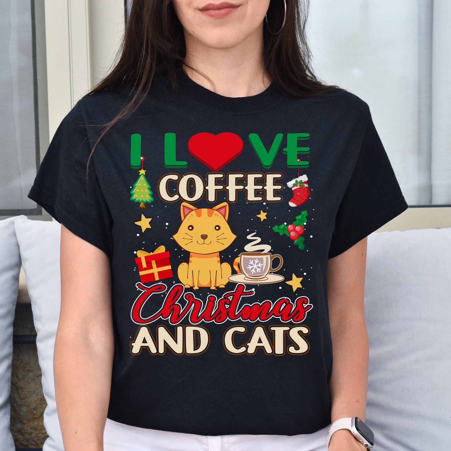 Coffee Christmas and Cats Unisex shirt cat Holiday tee Black Dark Heather-Family-Gift-Planet