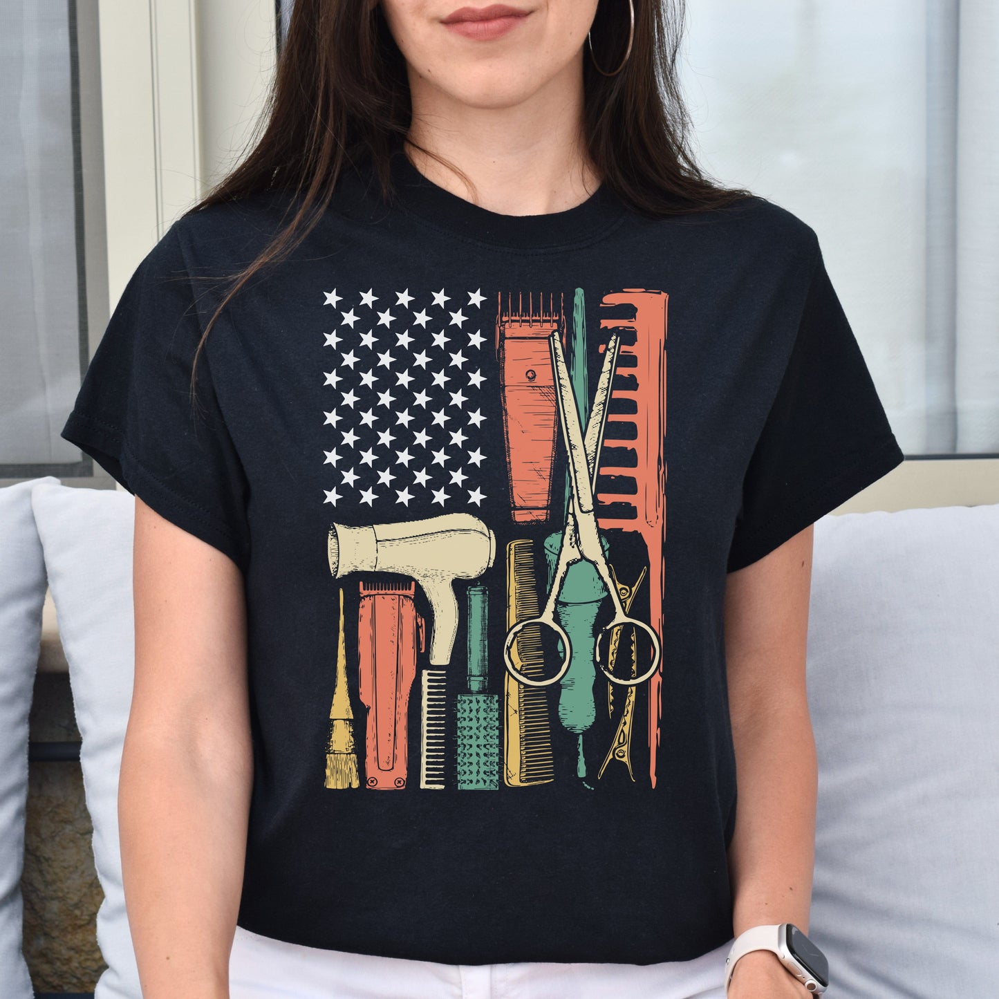 Retro hair stylist US flag Unisex T-shirt hairdresser haircutter tee black dark heather-Family-Gift-Planet
