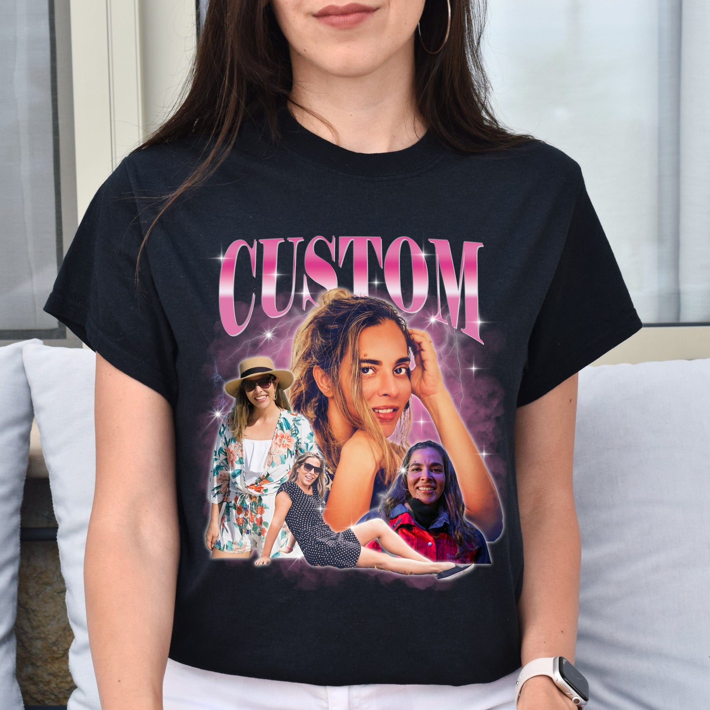 Custom gift for Boyfriend Unisex T-Shirt Your own pictures vintage style bootleg tee Black Navy Dark Heather-Black-Family-Gift-Planet