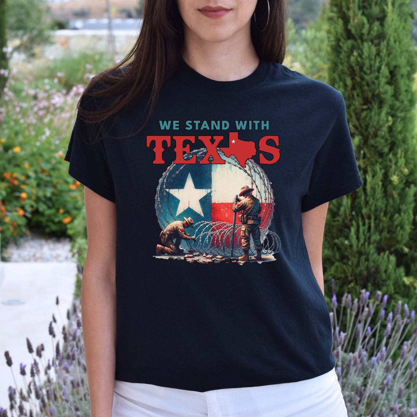 We stand with Texas Unisex Tshirt Texas border TX flag tee Black Navy Dark Heather-Family-Gift-Planet