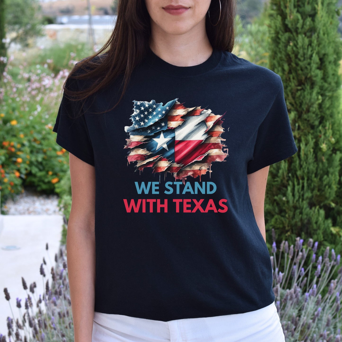 We stand with Texas Support Texas Unisex Tshirt Texas flag USA flag tee Black Navy Dark Heather-Family-Gift-Planet