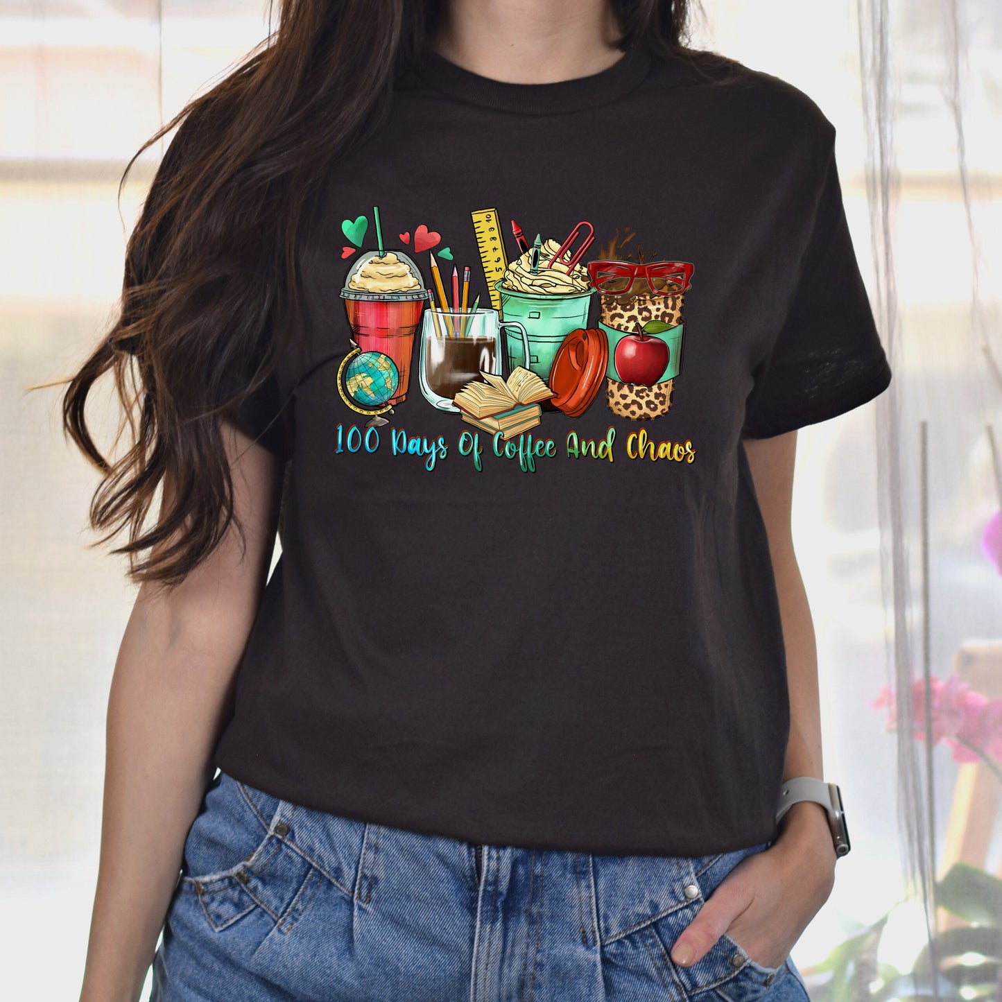 100 days of coffee and chaos coffee cups unisex tshirt 100 days of school S-5XL-Family-Gift-Planet