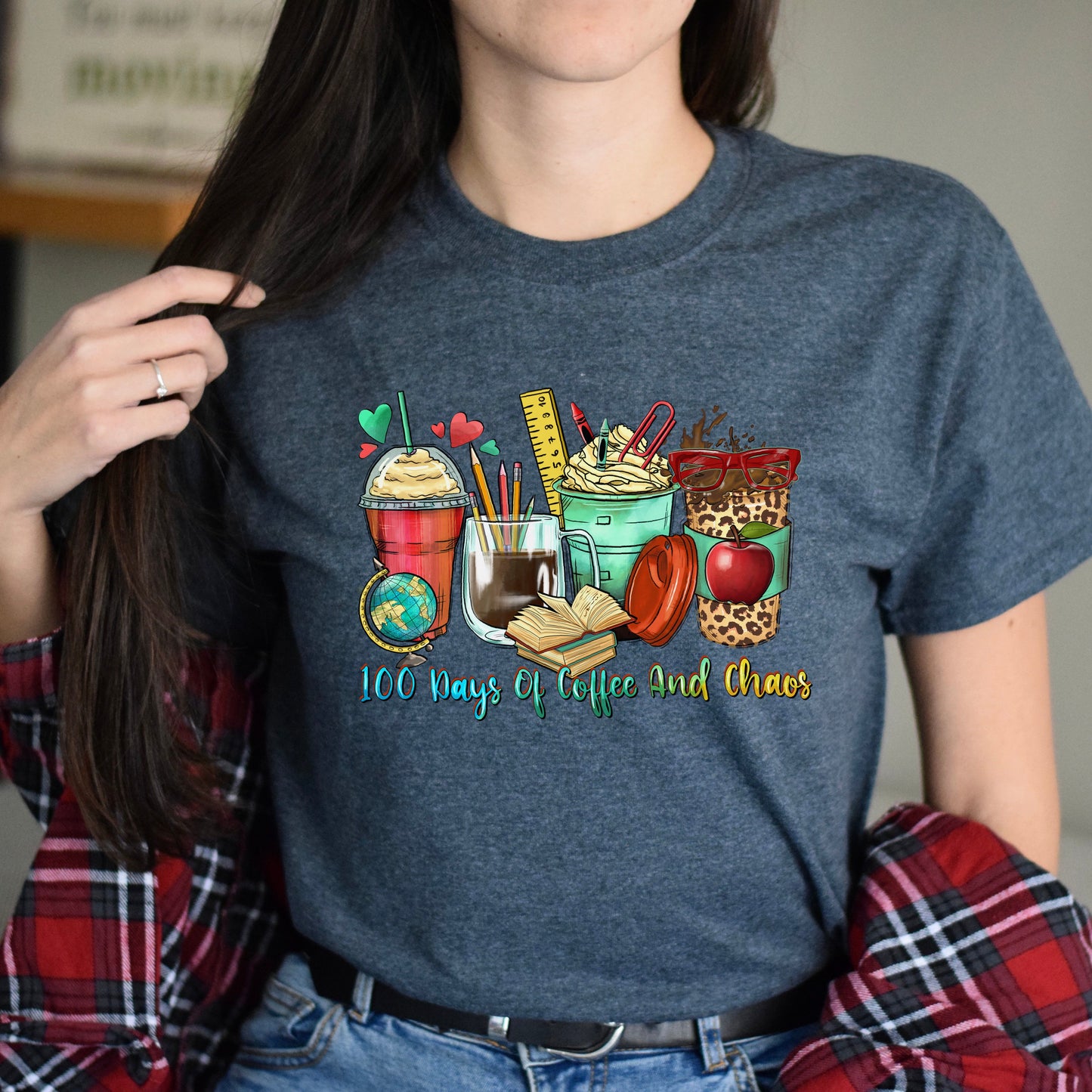 100 days of coffee and chaos coffee cups unisex tshirt 100 days of school S-5XL-Family-Gift-Planet