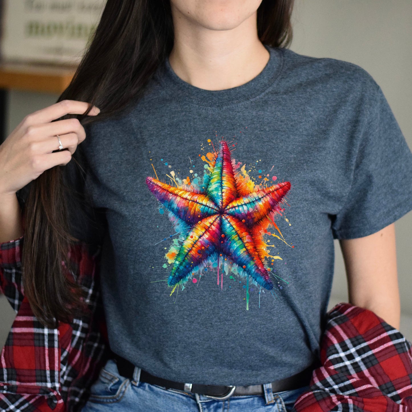 Artistic Sea Star Color Splash Unisex T-shirt Black Navy Dark Heather-Dark Heather-Family-Gift-Planet