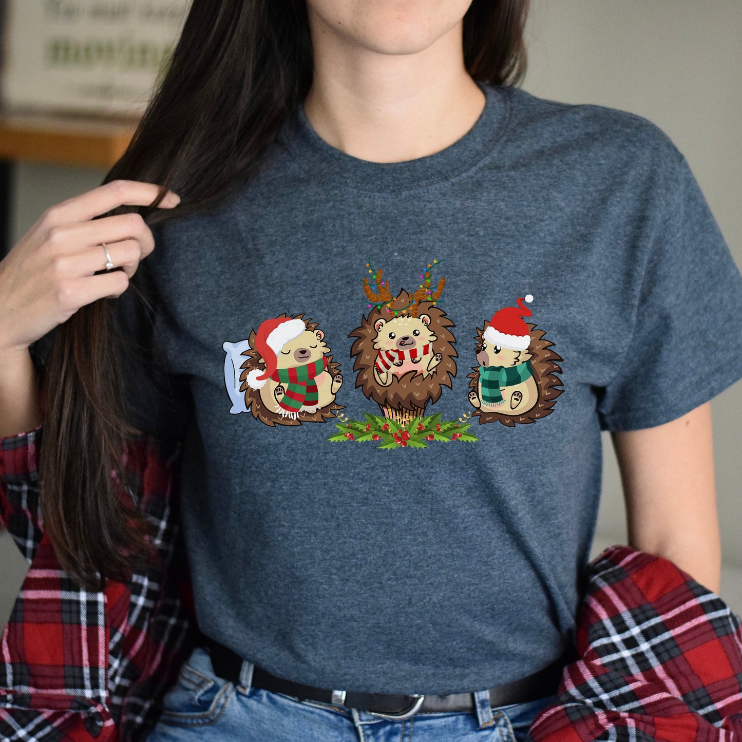 Hedgehogs Christmas Unisex shirt hedgehog lover Holiday tee Black Dark Heather-Dark Heather-Family-Gift-Planet