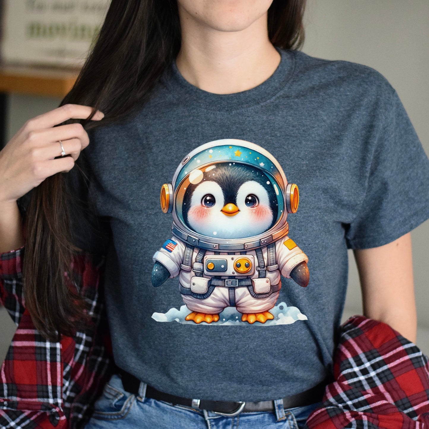 Penguin astronaut Unisex T-shirt cute animal cosmic tee Black Navy Dark Heather-Dark Heather-Family-Gift-Planet