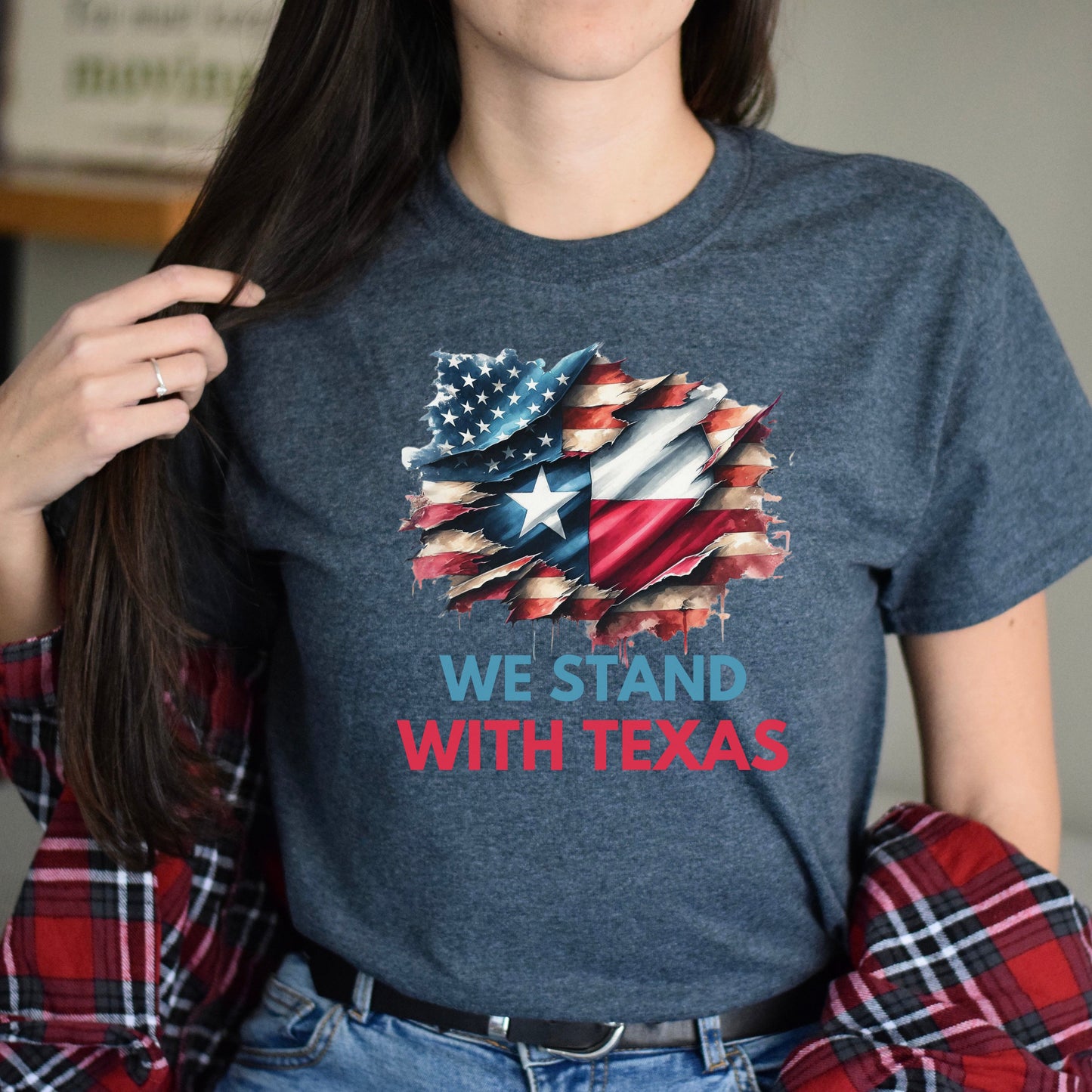 We stand with Texas Support Texas Unisex Tshirt Texas flag USA flag tee Black Navy Dark Heather-Dark Heather-Family-Gift-Planet