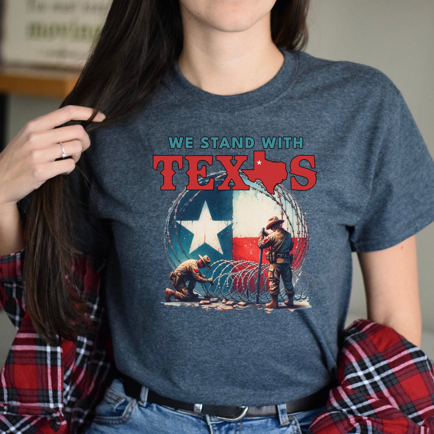 We stand with Texas Unisex Tshirt Texas border TX flag tee Black Navy Dark Heather-Dark Heather-Family-Gift-Planet