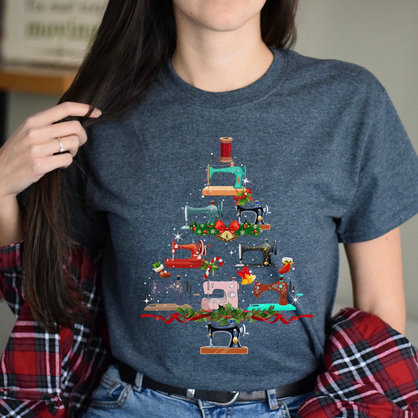 Seamstress Holiday Unisex Shirt Sew machines Christmas tree tee Black Dark Heather-Dark Heather-Family-Gift-Planet