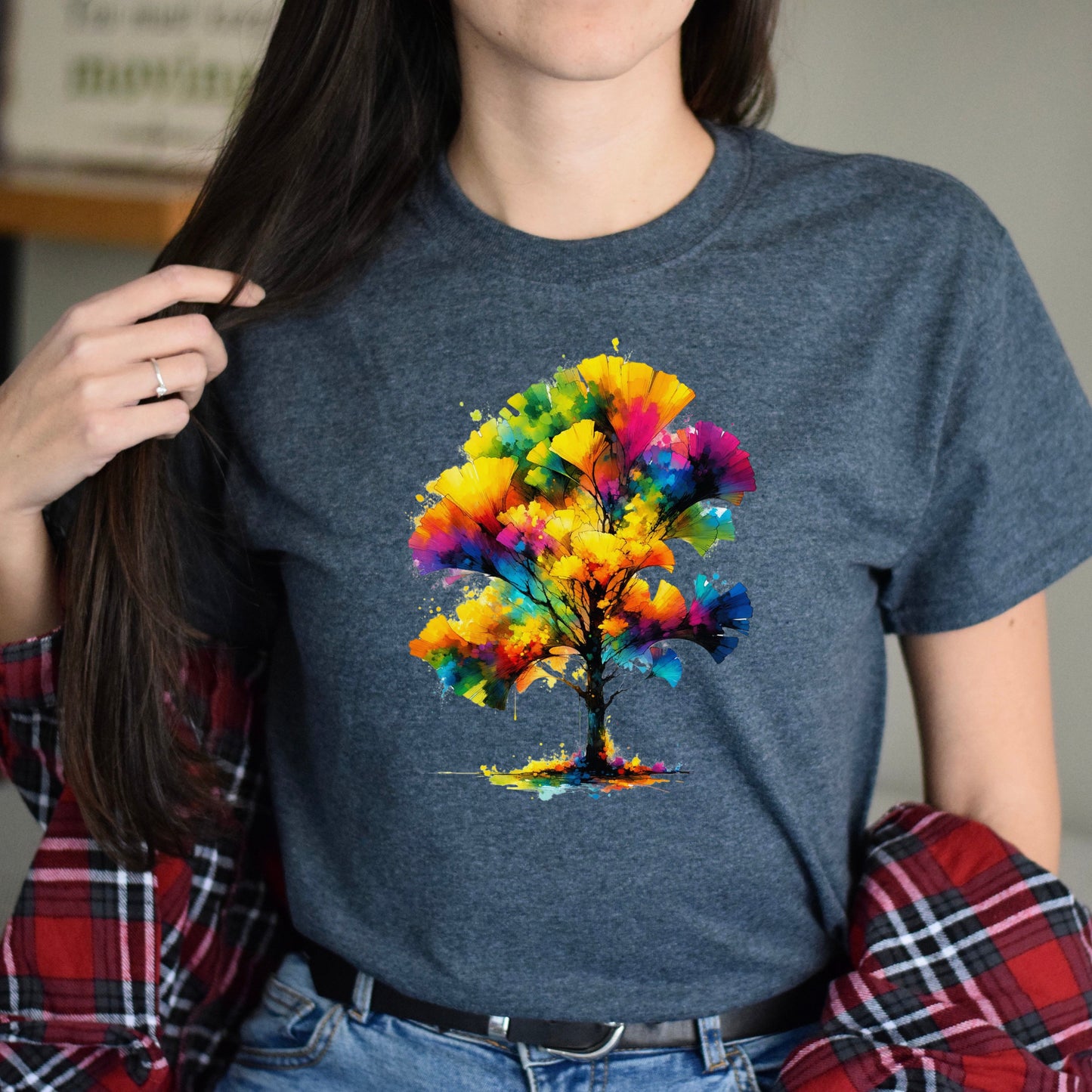 Abstract Ginkgo Tree Color Splash Unisex T-shirt Black Navy Dark Heather-Dark Heather-Family-Gift-Planet