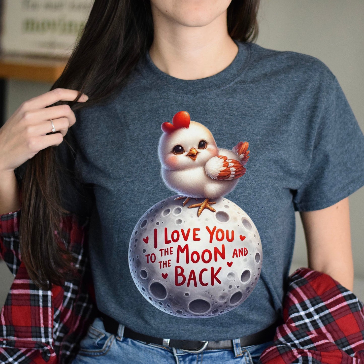 I love you to the moon in back chick Unisex T-shirt hen chicken on moon tee Black Navy Dark Heather-Dark Heather-Family-Gift-Planet