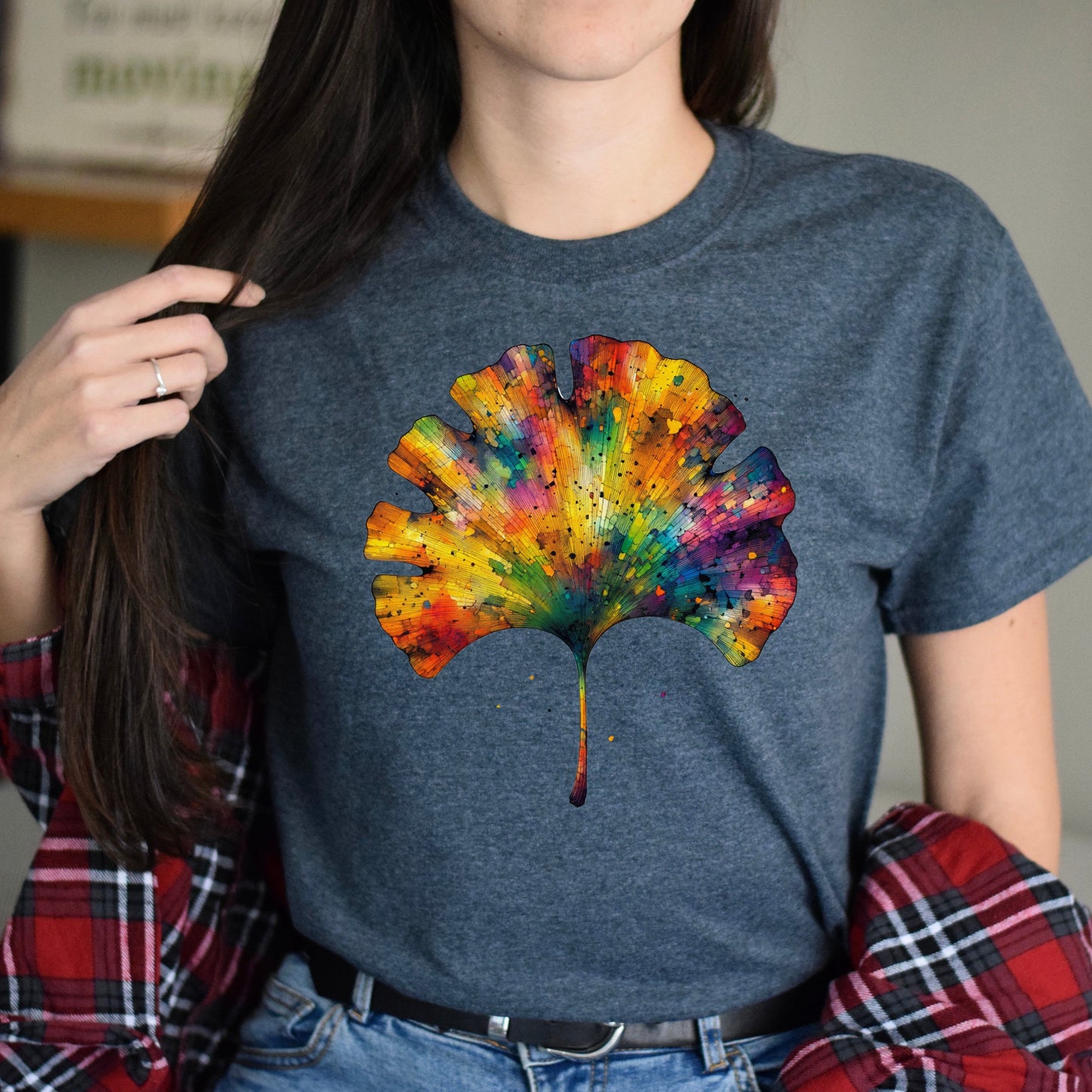Cool Ginkgo Leaf Color Splash Unisex T-shirt Black Navy Dark Heather-Dark Heather-Family-Gift-Planet
