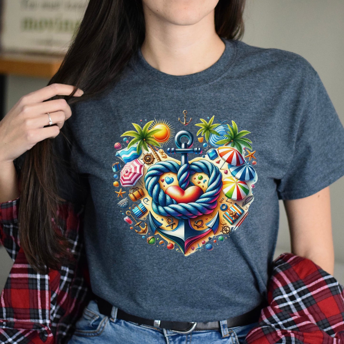 Summer beach Unisex T-shirt Anchor marine rope heart tee Black Navy Dark Heather-Dark Heather-Family-Gift-Planet