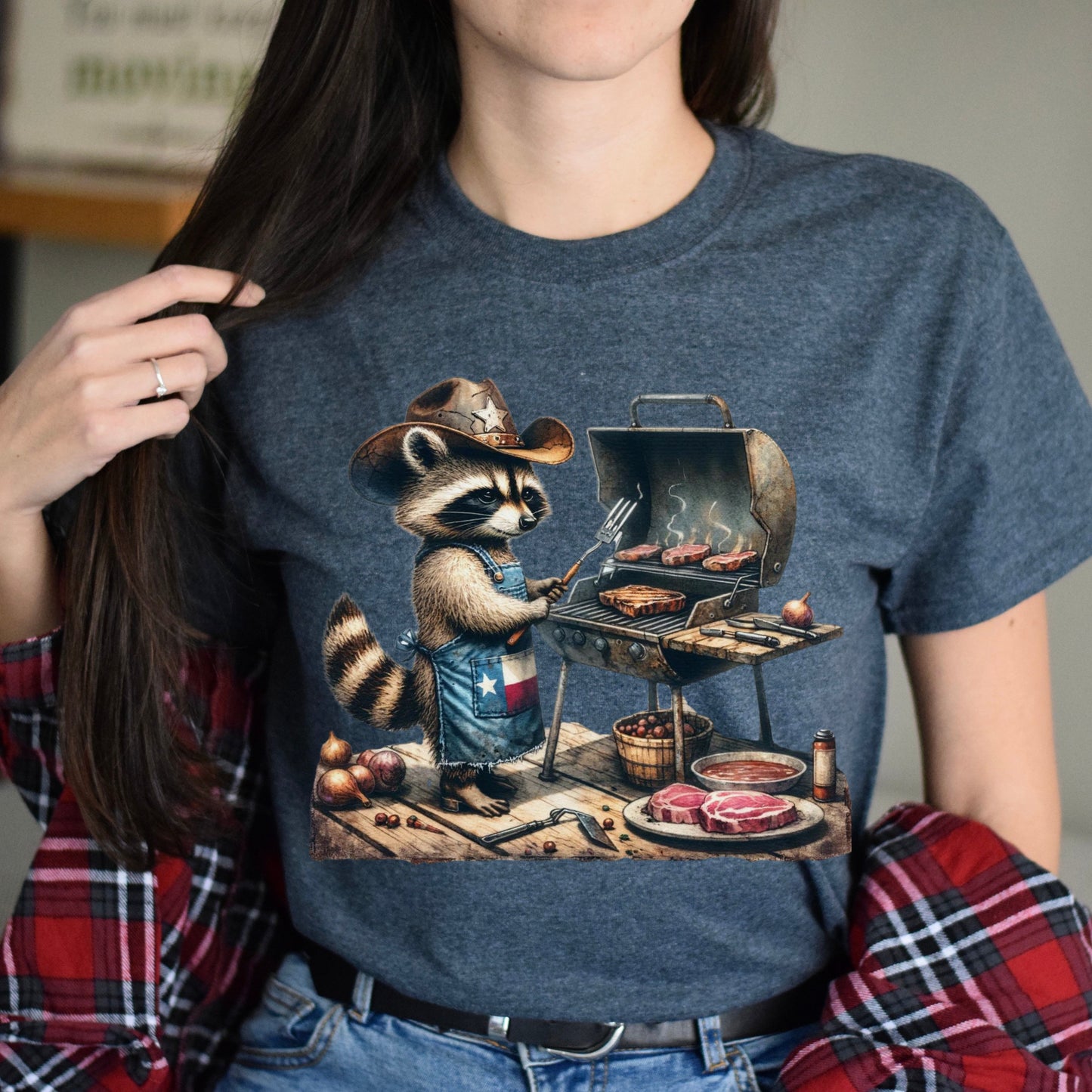 Funny Texas Barbeque Unisex T-shirt bbq racoon tee Black Navy Dark Heather-Dark Heather-Family-Gift-Planet