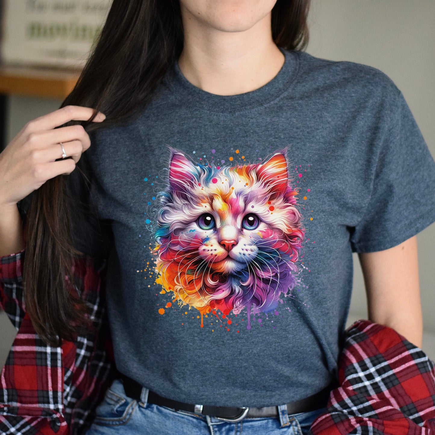 American Curl Cat Color Splash Unisex T-Shirt Black Navy Dark Heather-Dark Heather-Family-Gift-Planet