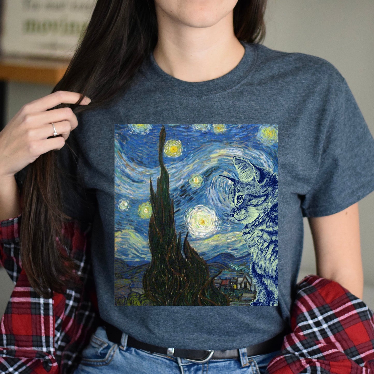 Cat on picture Unisex shirt cute cat art tee Black Dark Heather-Dark Heather-Family-Gift-Planet