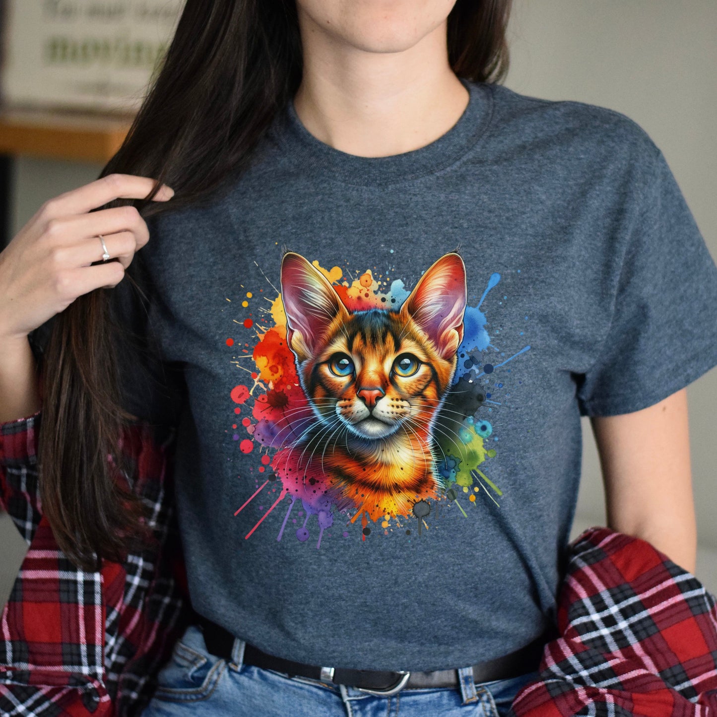 Chausie Cat Color Splash Unisex T-Shirt Black Navy Dark Heather-Dark Heather-Family-Gift-Planet