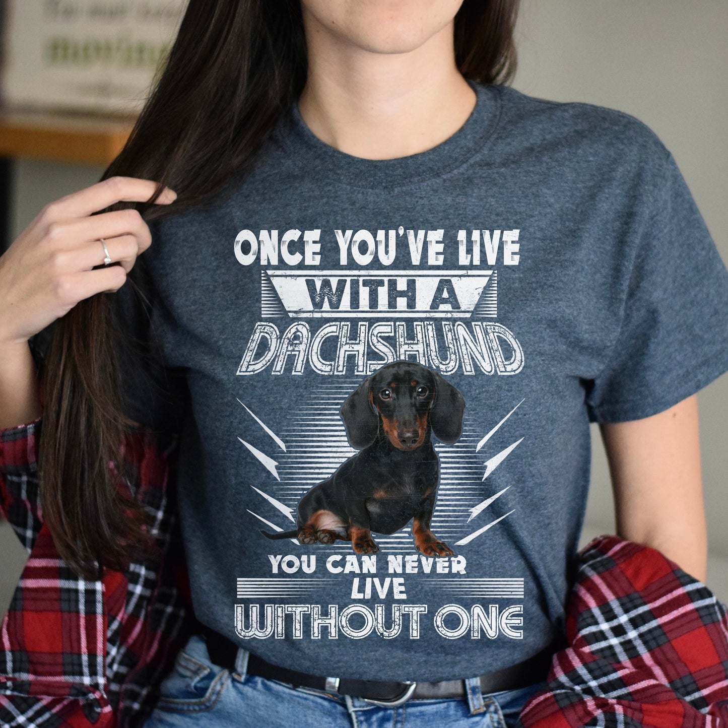 Live with a dachshund Unisex t-shirt gift Dachshund owner tee black navy dark heather-Dark Heather-Family-Gift-Planet