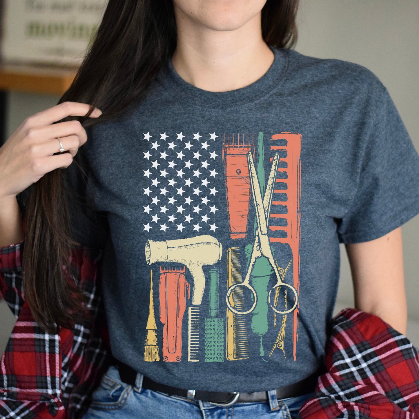 Retro hair stylist US flag Unisex T-shirt hairdresser haircutter tee black dark heather-Dark Heather-Family-Gift-Planet