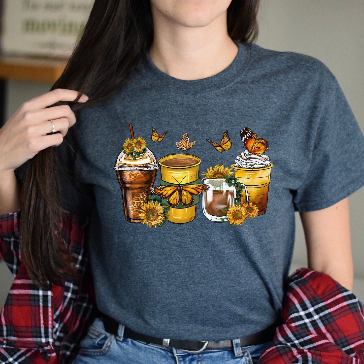 Butterfly and coffee cups unisex tshirt butterfly lover tee S-5XL-Family-Gift-Planet