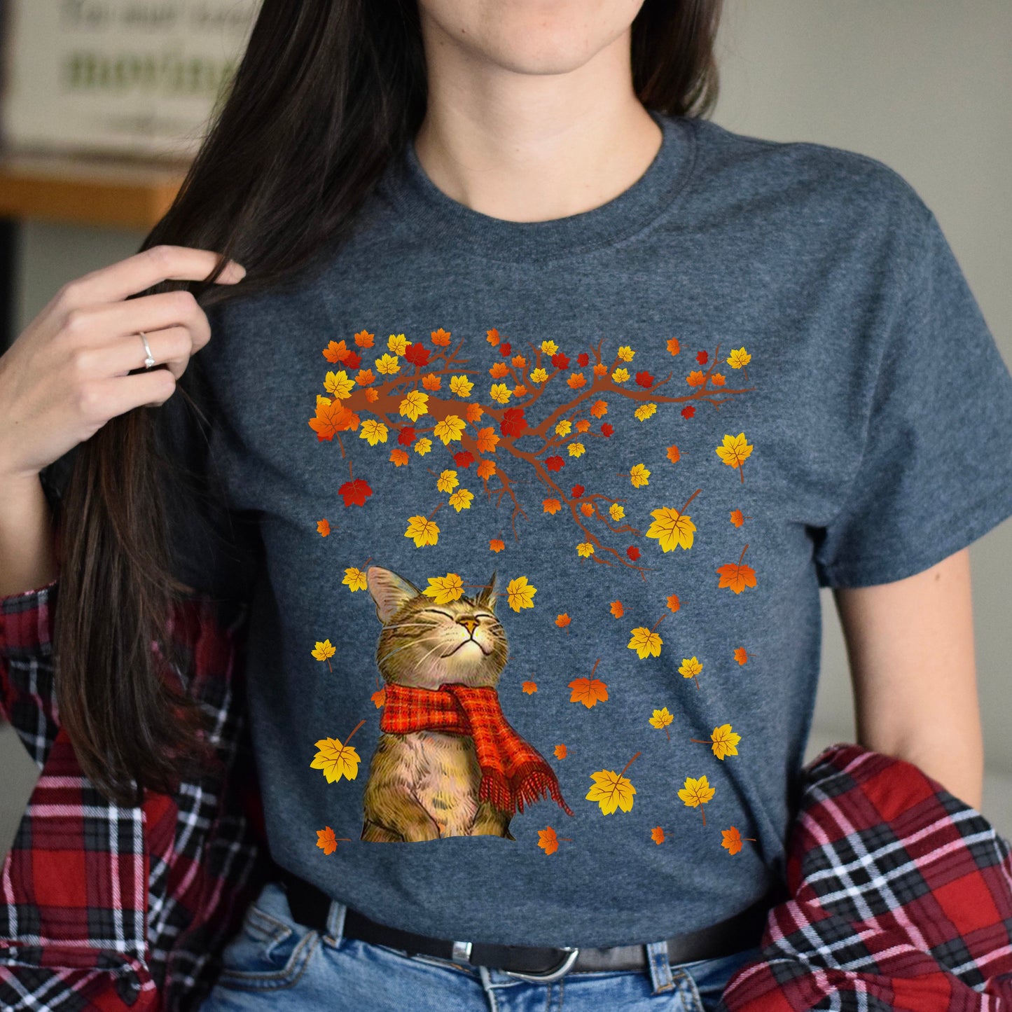 Cat autumn Unisex shirt cat fall tee Black Dark Heather-Dark Heather-Family-Gift-Planet