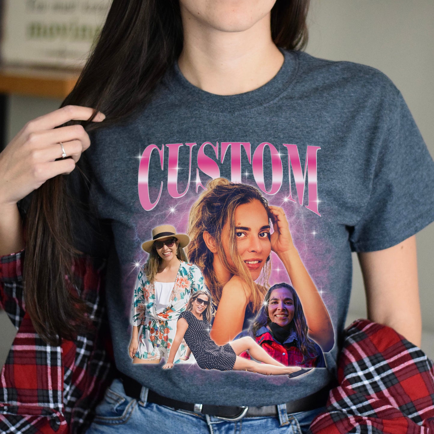 Custom gift for Boyfriend Unisex T-Shirt Your own pictures vintage style bootleg tee Black Navy Dark Heather-Dark Heather-Family-Gift-Planet