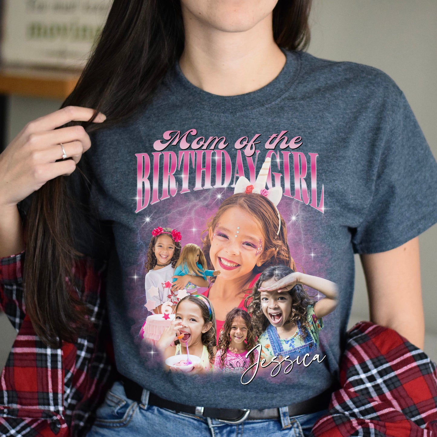Custom Mom of the Birthday Girl Unisex T-Shirt Your pictures Birthday daughter mama tee Black Navy Dark Heather-Dark Heather-Family-Gift-Planet