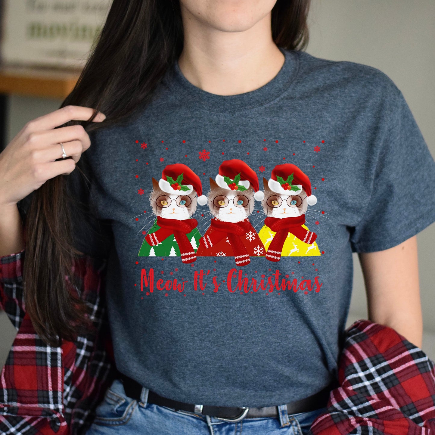 Meow it's Christmas Unisex shirt cat Holyday tee Black Dark Heather-Dark Heather-Family-Gift-Planet