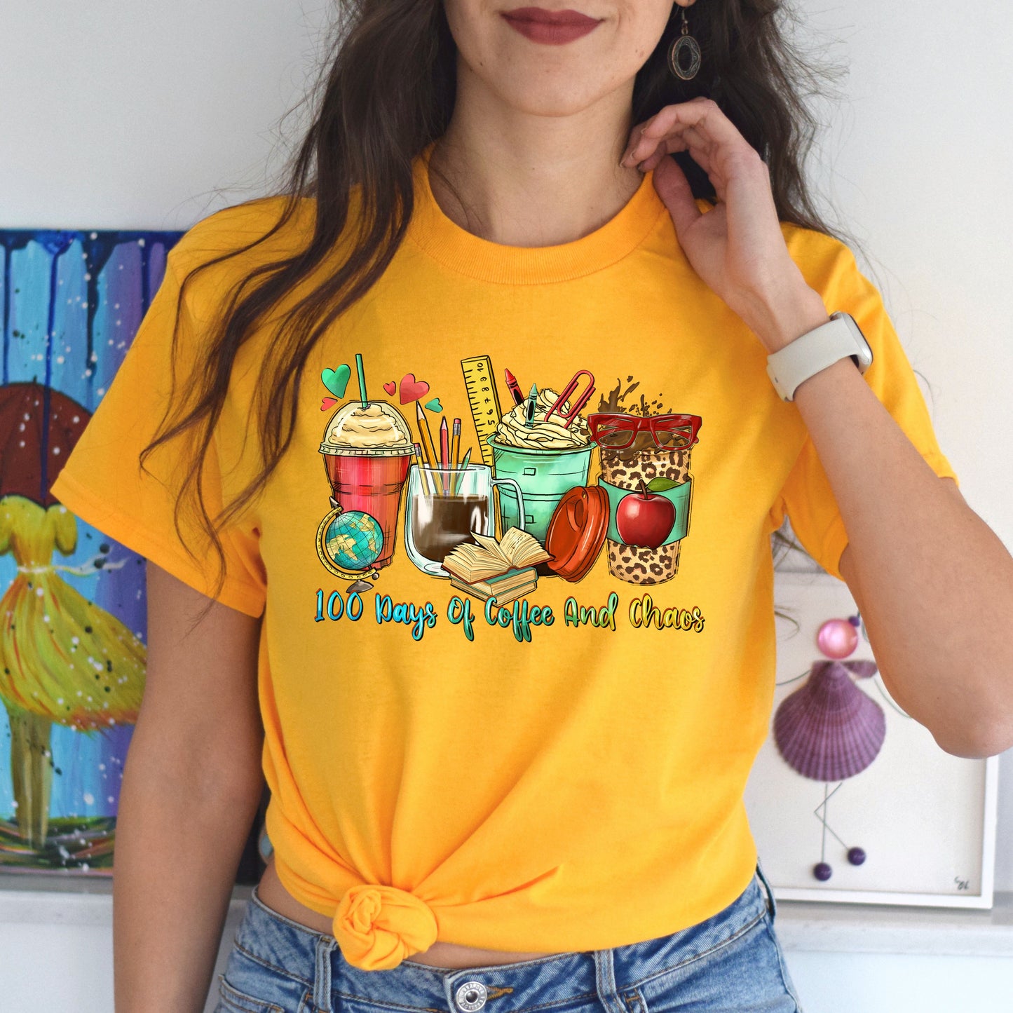 100 days of coffee and chaos coffee cups unisex tshirt 100 days of school S-5XL-Family-Gift-Planet