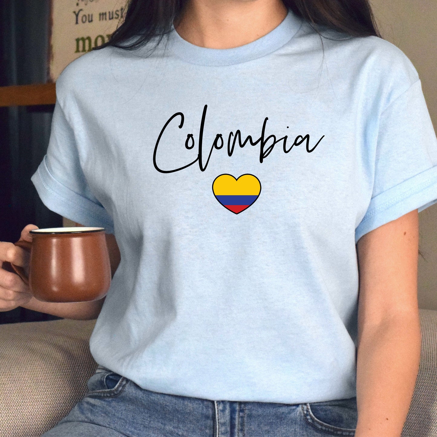 Colombia flag heart Unisex T-shirt Colombia love tee White Sand Blue-Light Blue-Family-Gift-Planet