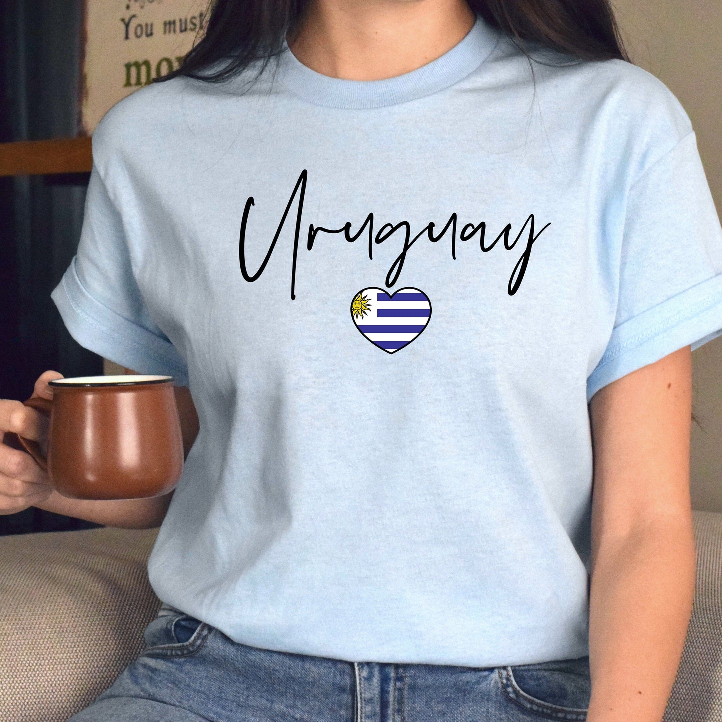 Uruguay flag heart Unisex T-shirt Uruguay love tee White Sand Blue-Light Blue-Family-Gift-Planet