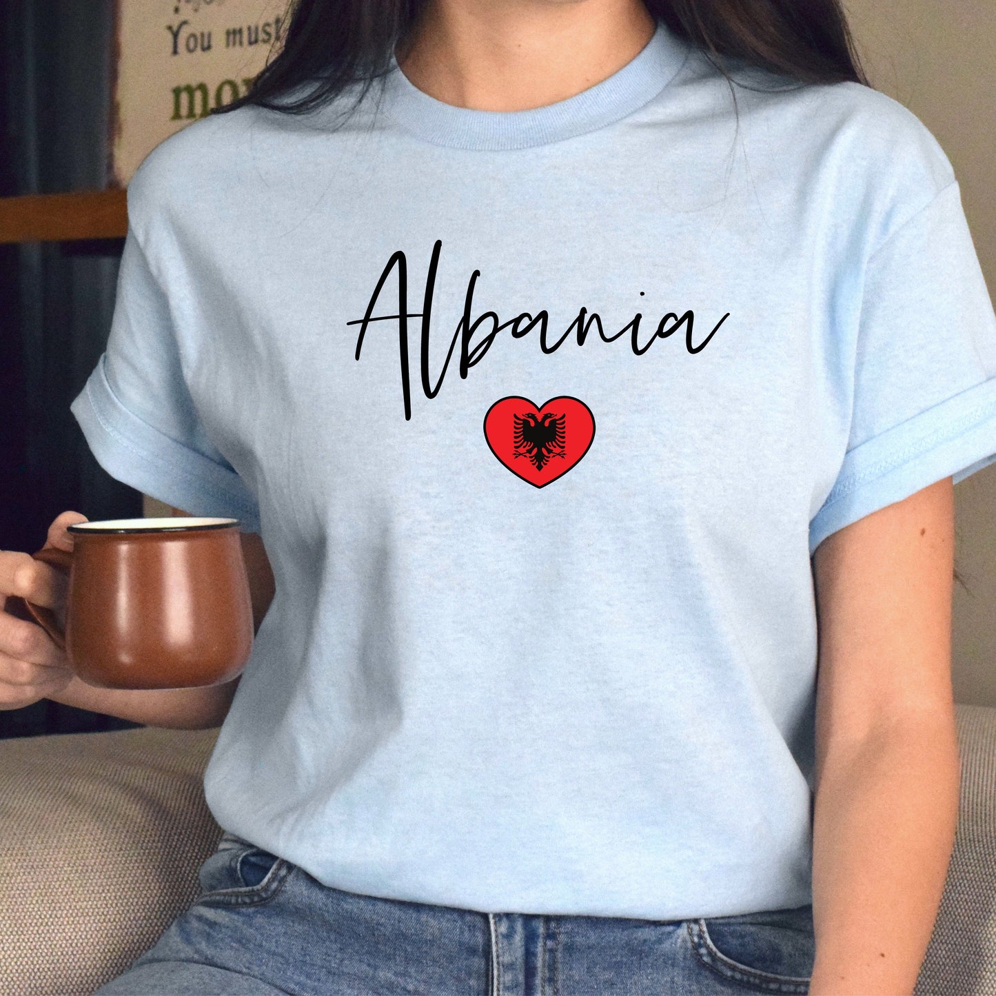 Albania flag heart Unisex T-shirt Albania love tee White Sand Blue-Light Blue-Family-Gift-Planet