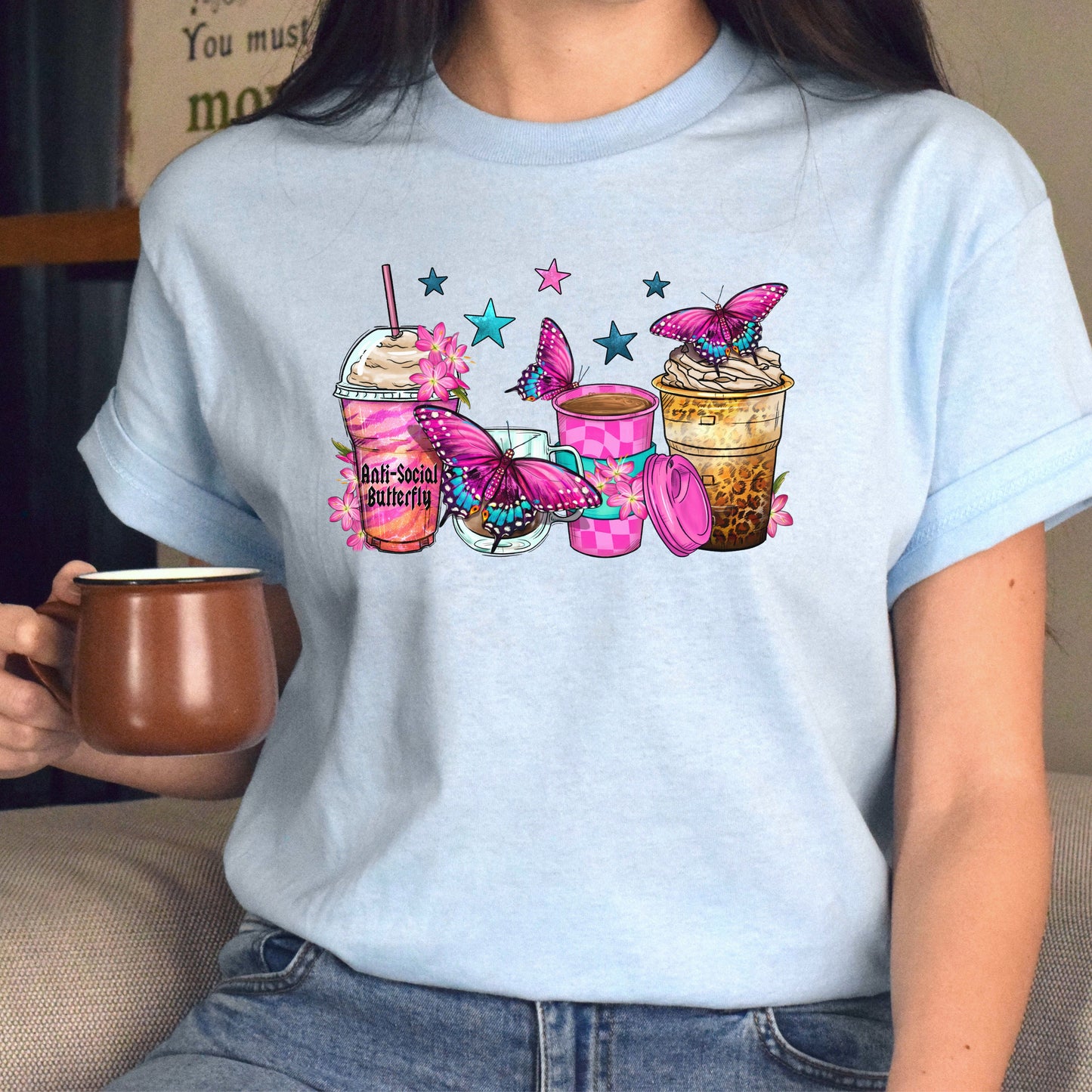 Anti-social butterfly coffee cups unisex tshirt S-5XL-Family-Gift-Planet