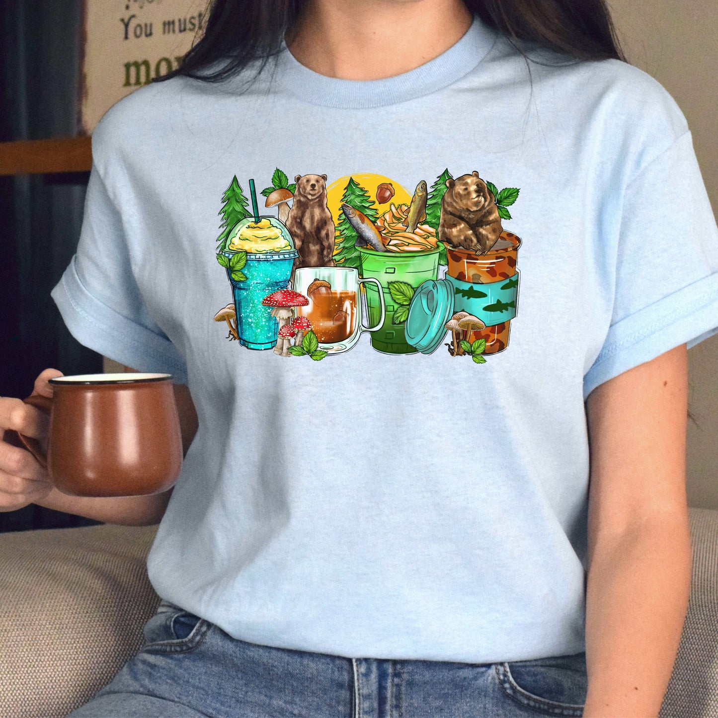 Bear and coffee cups unisex tshirt forest hunter tee S-5XL-Family-Gift-Planet