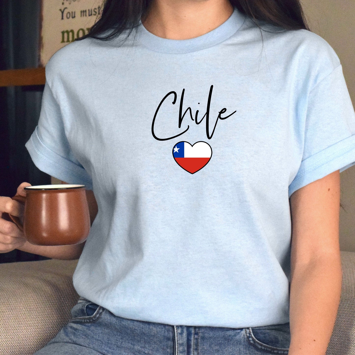 Chile flag heart Unisex T-shirt Chile love tee White Sand Blue-Light Blue-Family-Gift-Planet