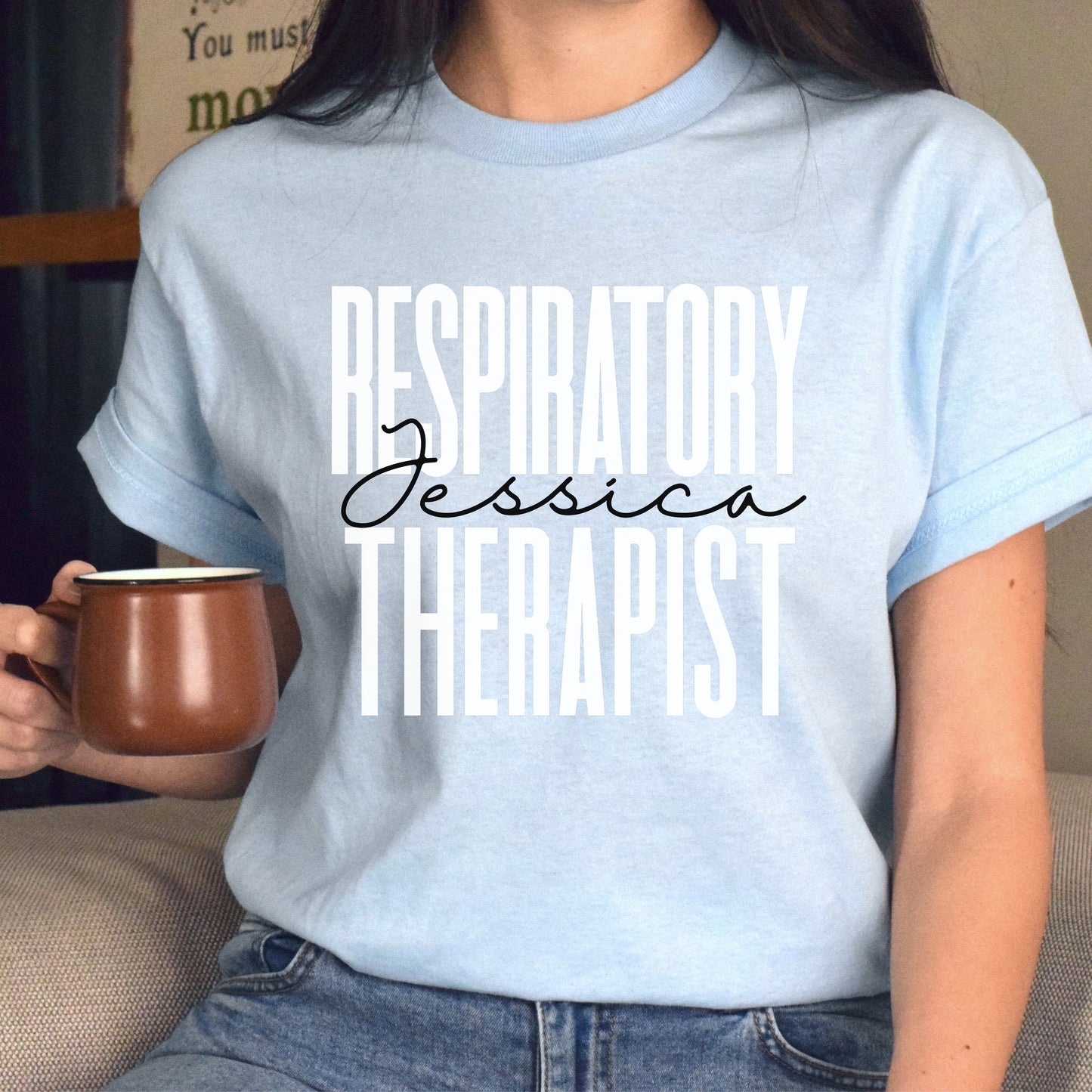 Personalized respiratory therapist T-shirt gift Custom name Pulmonology RT Unisex Tee Sand Pink Light Blue-Light Blue-Family-Gift-Planet